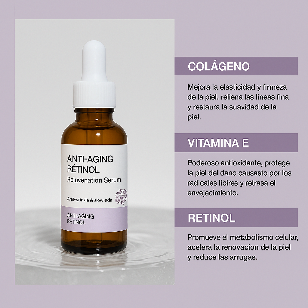 Sérum Facial Anti-Edad con Retinol, Colágeno y Bakuchiol – Rejuvenecedor, Mejora la Elasticidad, Suave y No Irritante – 30ml